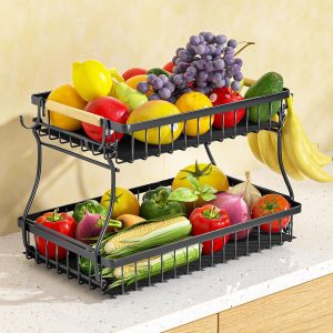 2 Tier Fruit Basket with 4 Banana Hangers, Premium Detachable Fruit Bowl for Kitchen Counter, Large Capacity Fruit Holder Stand Countertop Organizer for Bread Snack Produce Storage