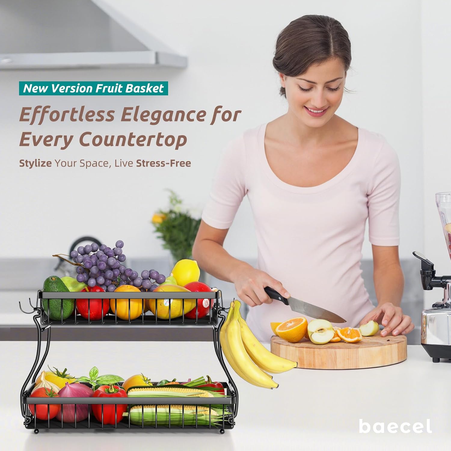 2 Tier Fruit Basket with 4 Banana Hangers, Premium Detachable Fruit Bowl for Kitchen Counter, Large Capacity Fruit Holder Stand Countertop Organizer for Bread Snack Produce Storage - Image 2