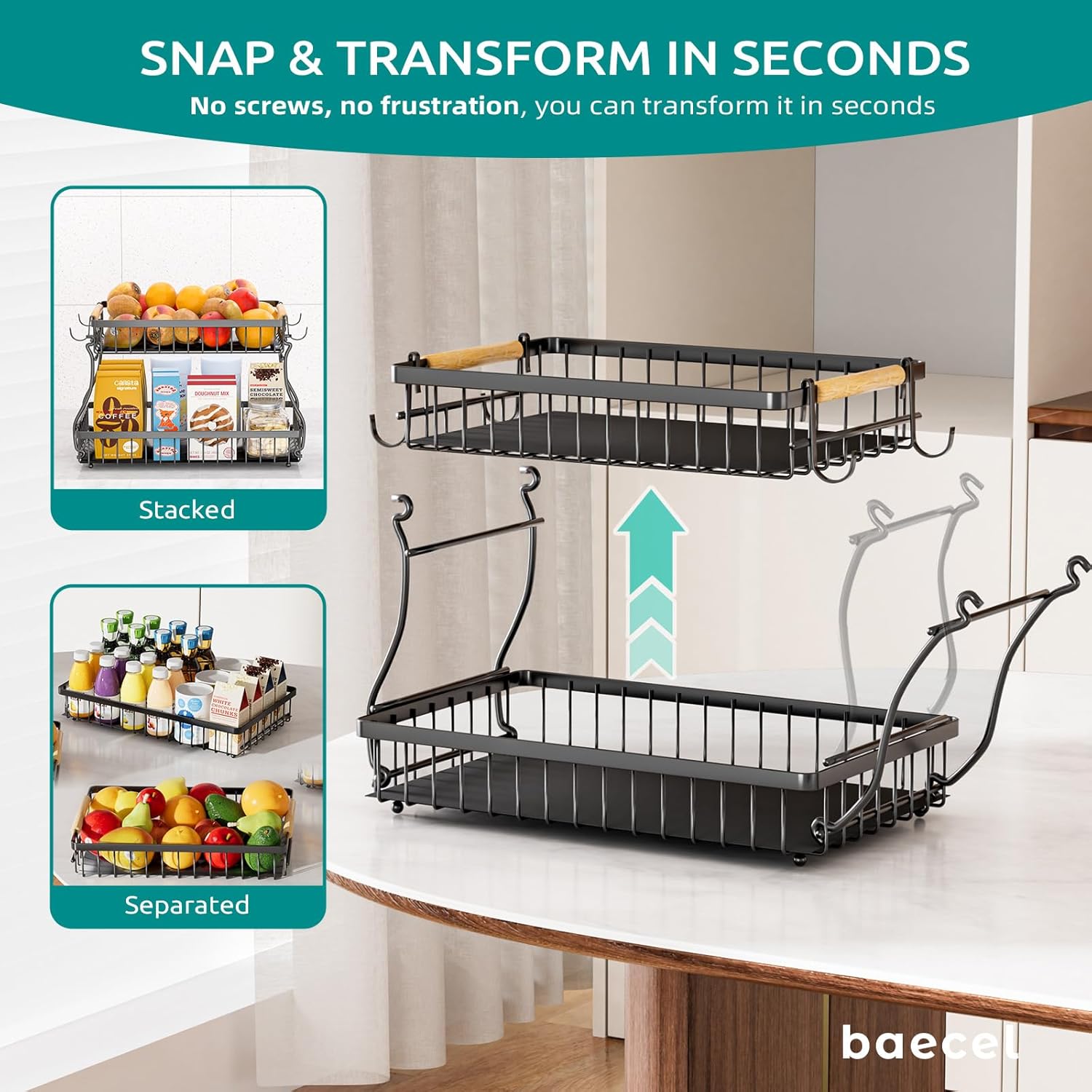 2 Tier Fruit Basket with 4 Banana Hangers, Premium Detachable Fruit Bowl for Kitchen Counter, Large Capacity Fruit Holder Stand Countertop Organizer for Bread Snack Produce Storage - Image 4