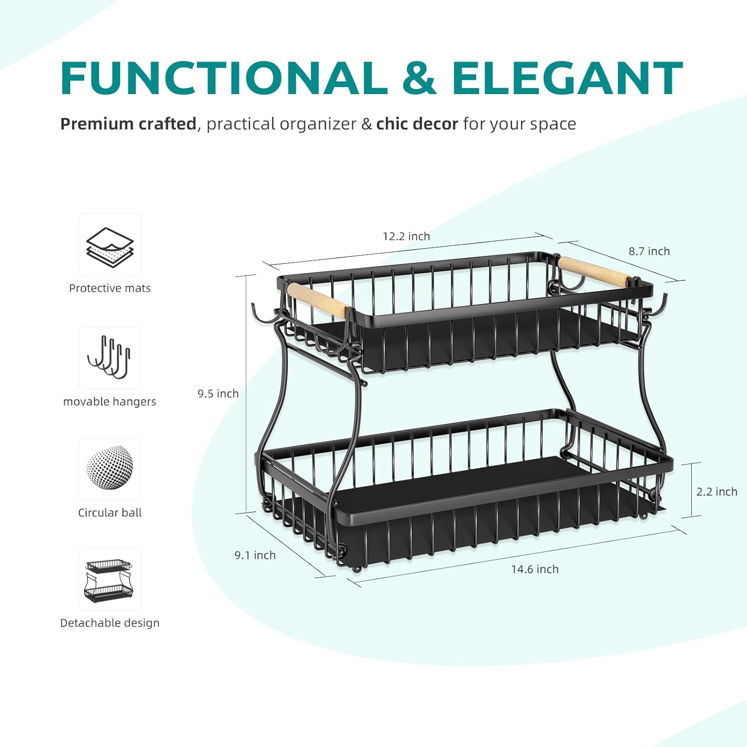 2 Tier Fruit Basket with 4 Banana Hangers, Premium Detachable Fruit Bowl for Kitchen Counter, Large Capacity Fruit Holder Stand Countertop Organizer for Bread Snack Produce Storage - Image 5