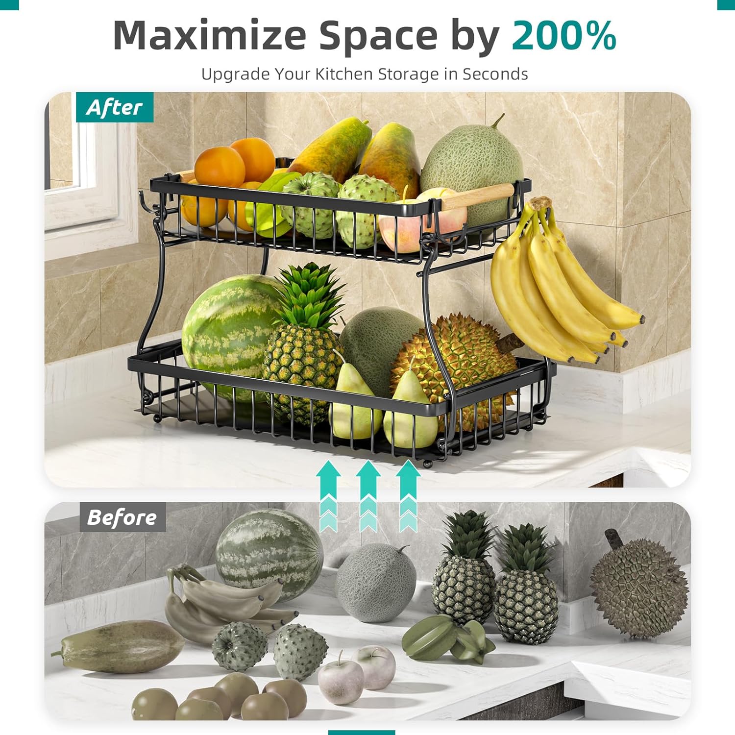 2 Tier Fruit Basket with 4 Banana Hangers, Premium Detachable Fruit Bowl for Kitchen Counter, Large Capacity Fruit Holder Stand Countertop Organizer for Bread Snack Produce Storage - Image 6