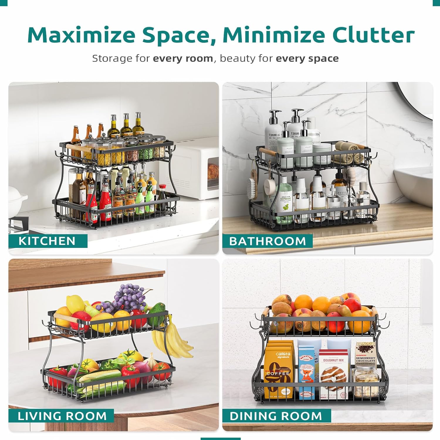 2 Tier Fruit Basket with 4 Banana Hangers, Premium Detachable Fruit Bowl for Kitchen Counter, Large Capacity Fruit Holder Stand Countertop Organizer for Bread Snack Produce Storage - Image 7