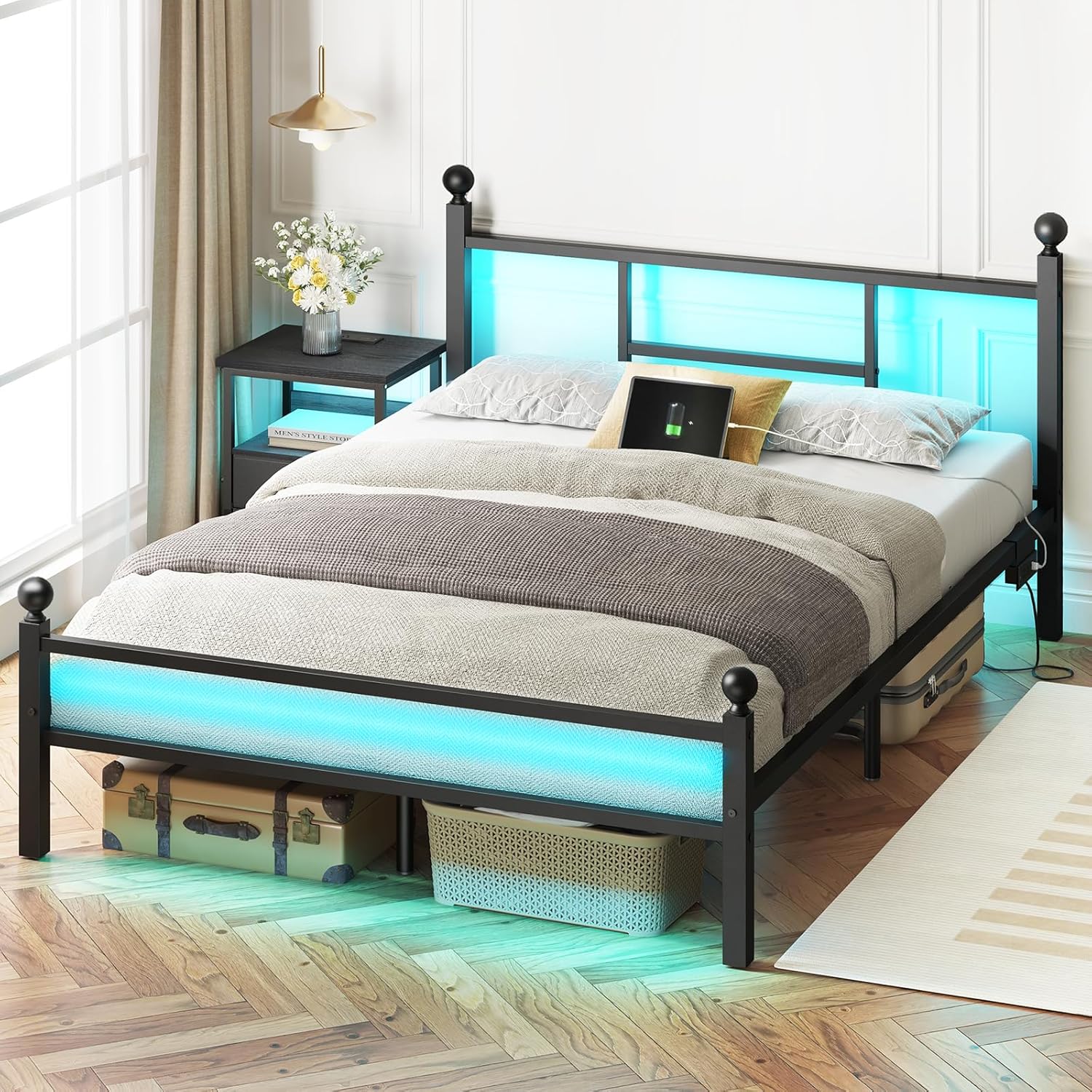 Fixwal Full Size Bed Frame with Charging Station, Metal Bed Frame with Port and Outlet