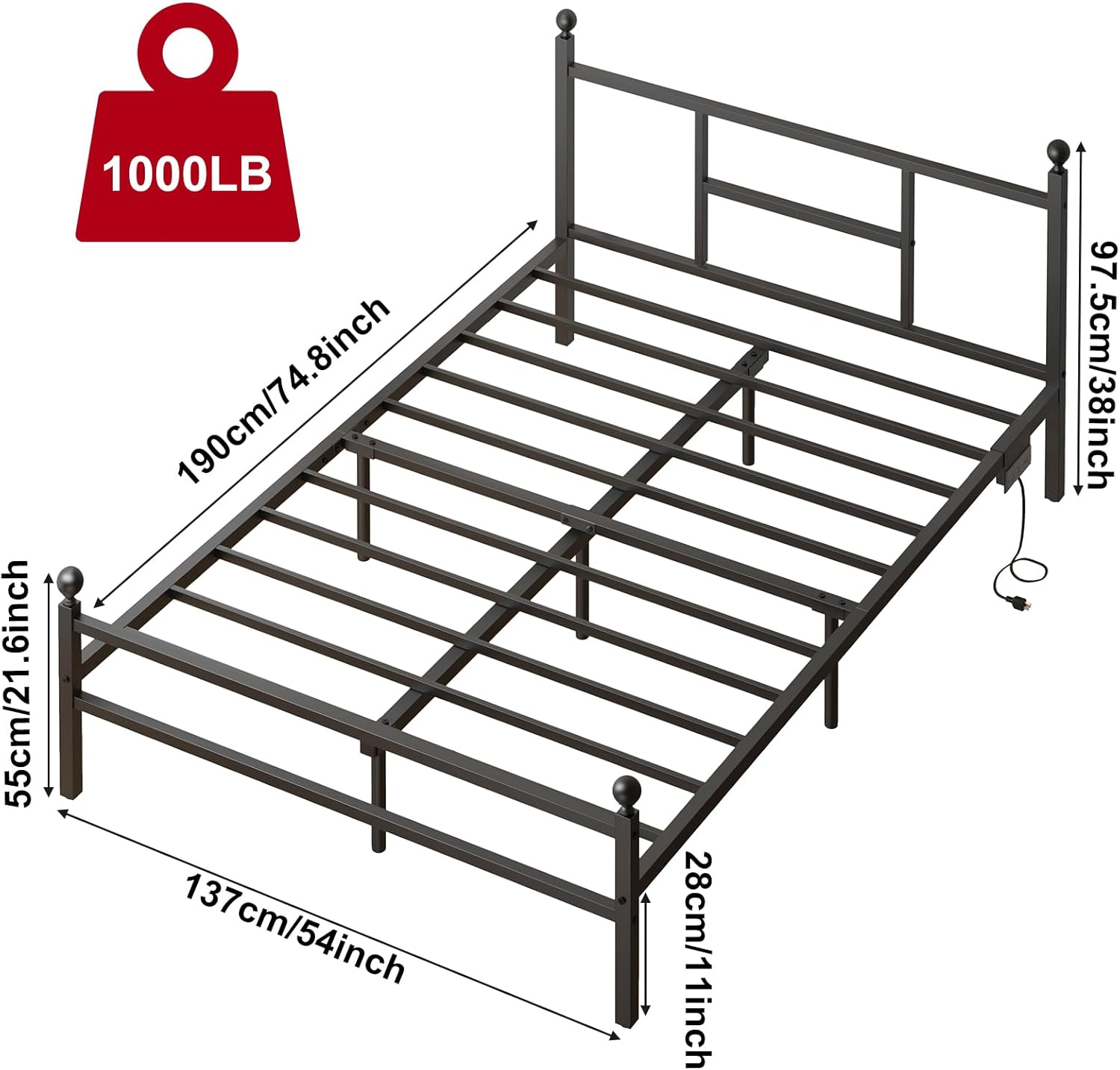 Fixwal Full Size Bed Frame with Charging Station, Metal Bed Frame with Port and Outlet - Image 2
