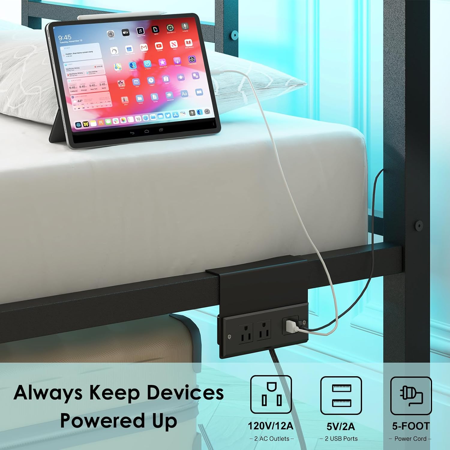 Fixwal Full Size Bed Frame with Charging Station, Metal Bed Frame with Port and Outlet - Image 4