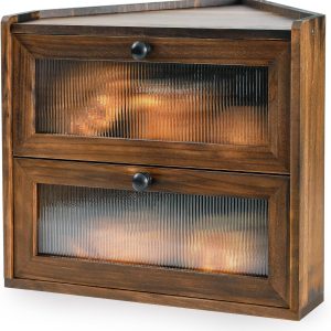Sunhoo Bread Box for Kitchen Countertop Upgraded Corner Storage Container Wood Farmhouse Breadbox Large Bread Bin 2 Layer Holder Vintage Food Keeper Organizer Cabinet Acrylic Door Easy Assembly(Brown)