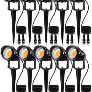 SUNVIE 12W Low Voltage LED Landscape Lights with Connectors, Outdoor 12V Super Warm White (900LM) Waterproof Garden Pathway Lights Wall Tree Flag Spotlights with Spike Stand (10 Pack with Connector)