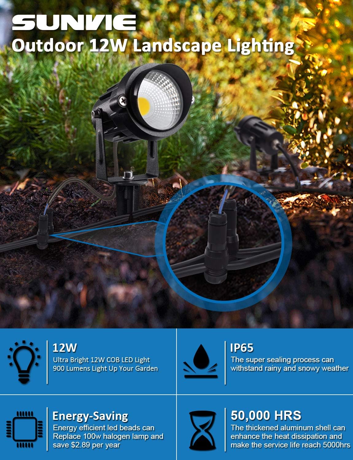 SUNVIE 12W Low Voltage LED Landscape Lights with Connectors, Outdoor 12V Super Warm White (900LM) Waterproof Garden Pathway Lights Wall Tree Flag Spotlights with Spike Stand (10 Pack with Connector) - Image 6